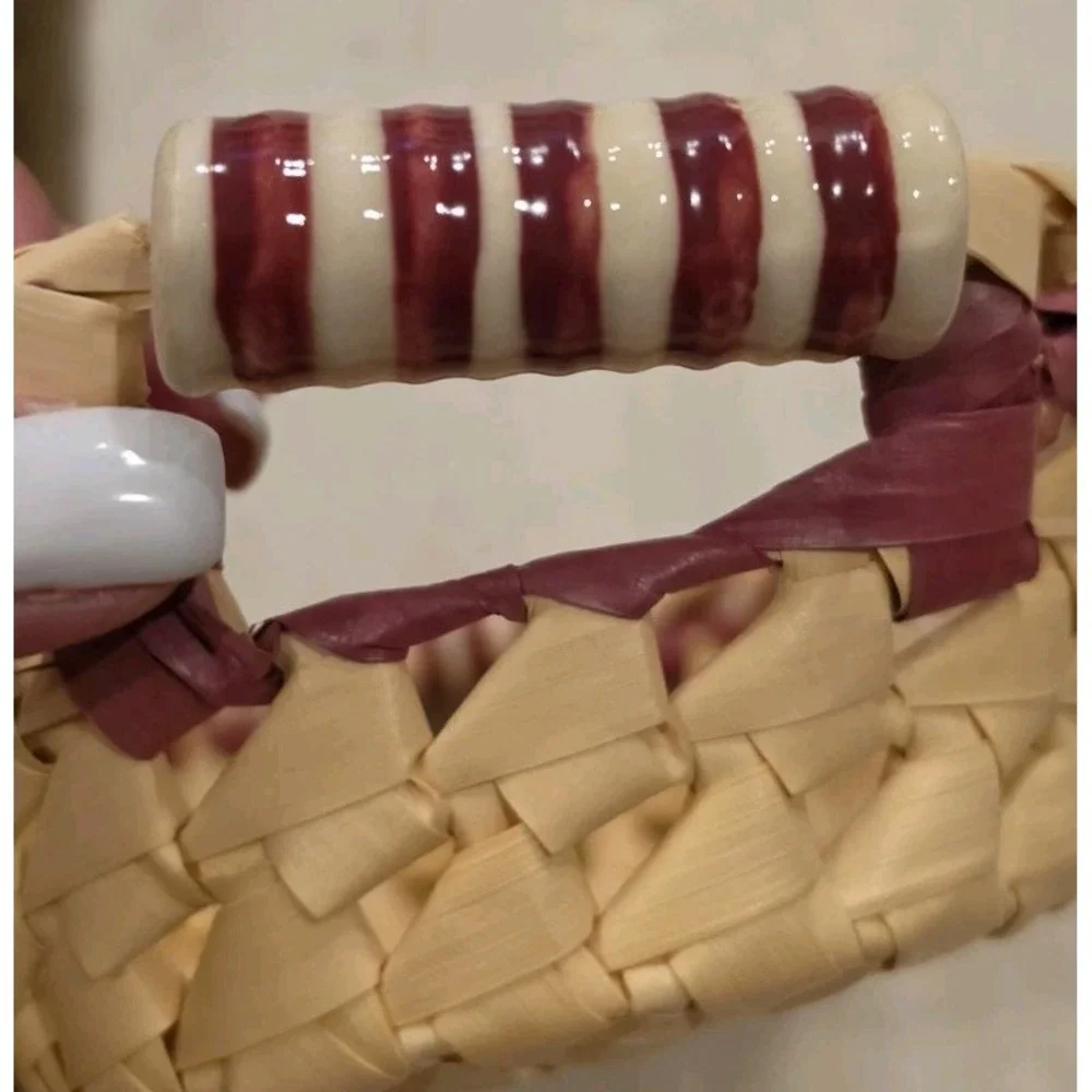 Woven Basket Striped Ceramic‎ Handles Decor Farmhouse Rustic Cottagecore Boho